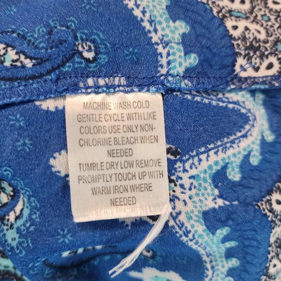 SUNNY LEIGH Size Small Blue Floral Sleeveless Pleated Rosette Ruffled Dress - Picture 10 of 10